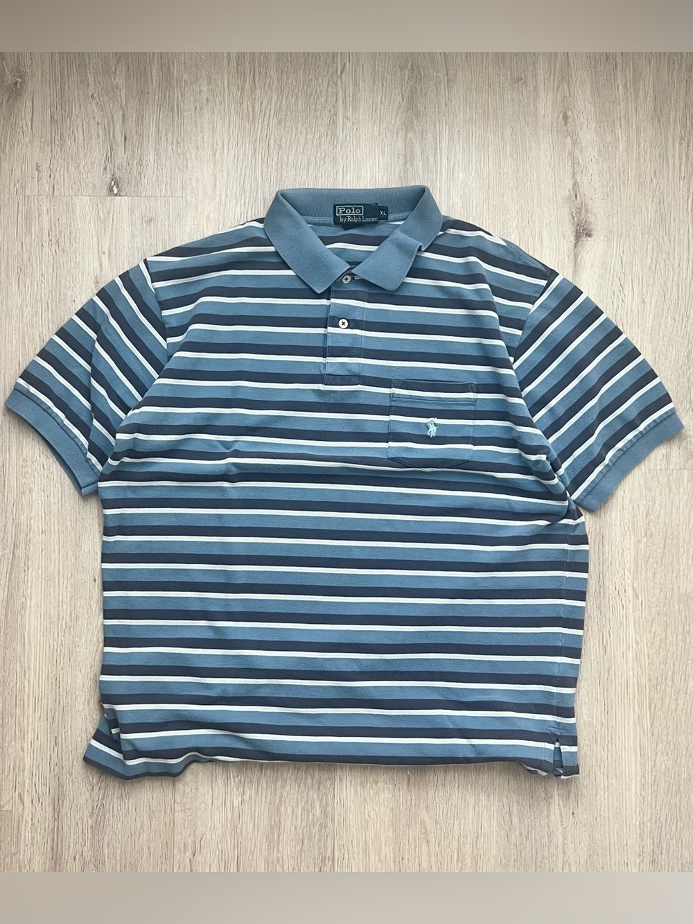 Polo Ralph Lauren Polo Shirt Mens XL Blue Striped Cotton Pique Short Sleeve Y2K